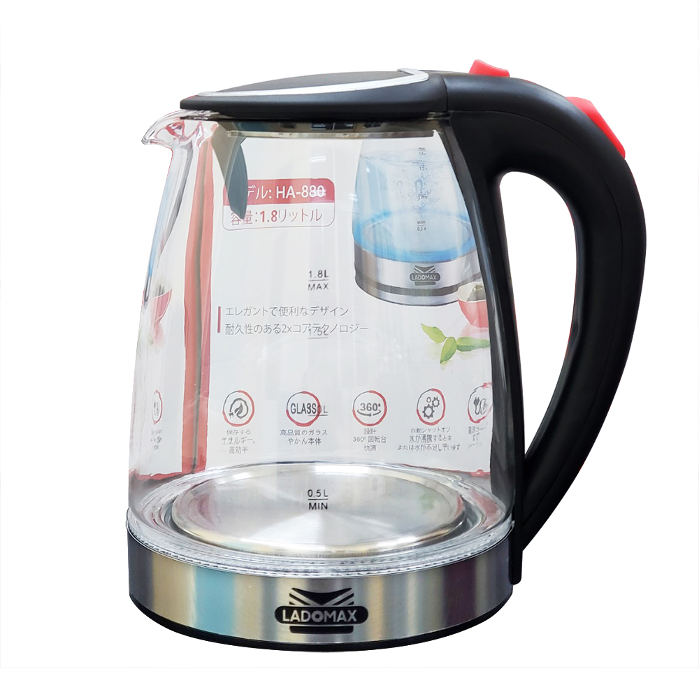 Ấm siêu tốc thủy tinh 1.8L Ladomax HA-880 thân ấm chịu lực, chịu được nhiệt độ cao - Hàng chính hãng