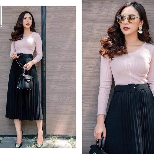 Chân váy xếp ly kèm đai QUẢNG CHÂU cho nữ CV181