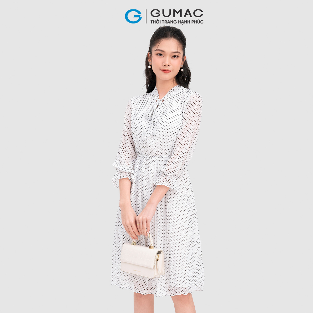 Đầm họa tiết chấm bi cổ nơ nhún eo GUMAC LD1012