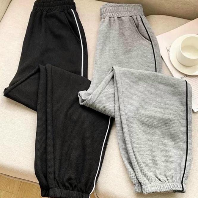 Quần Jogger nữ cao cấp chất tổ ong, ống rộng có dây rút bo gấu