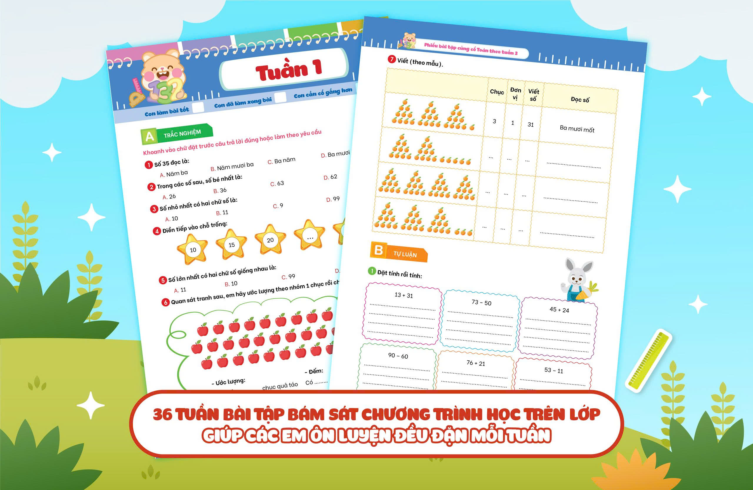 Combo Phiếu bài tập củng cố Toán Tiếng Việt theo tuần