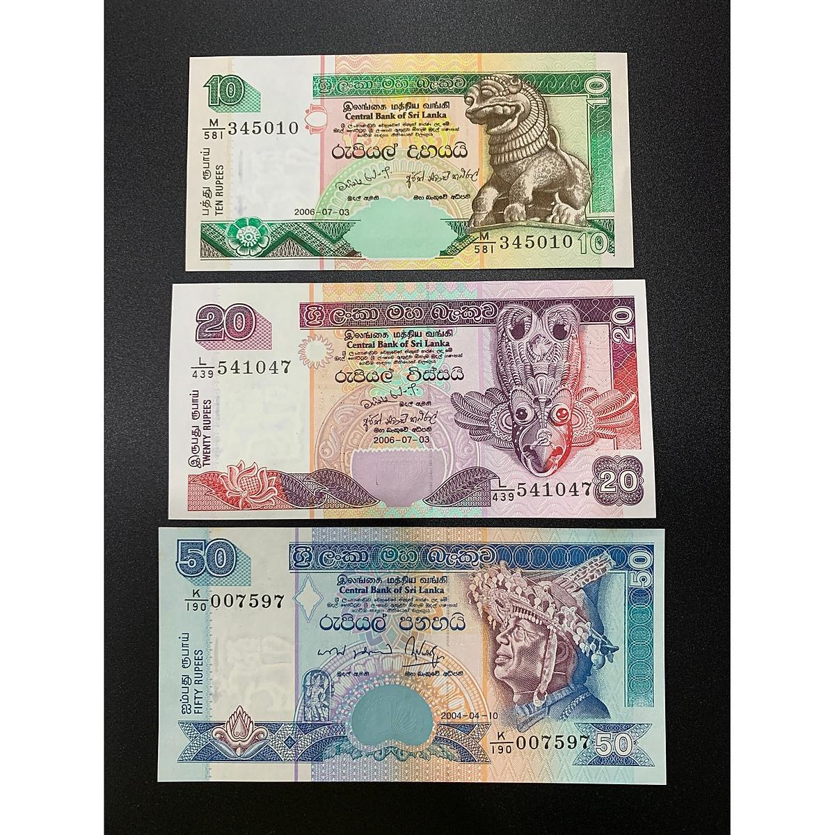 Sét 3 tờ tiền đất nước Sri Lanka mệnh giá 10 20 50 Rupees xưa - Mới 100% UNC - tiền châu Á, sưu tầm