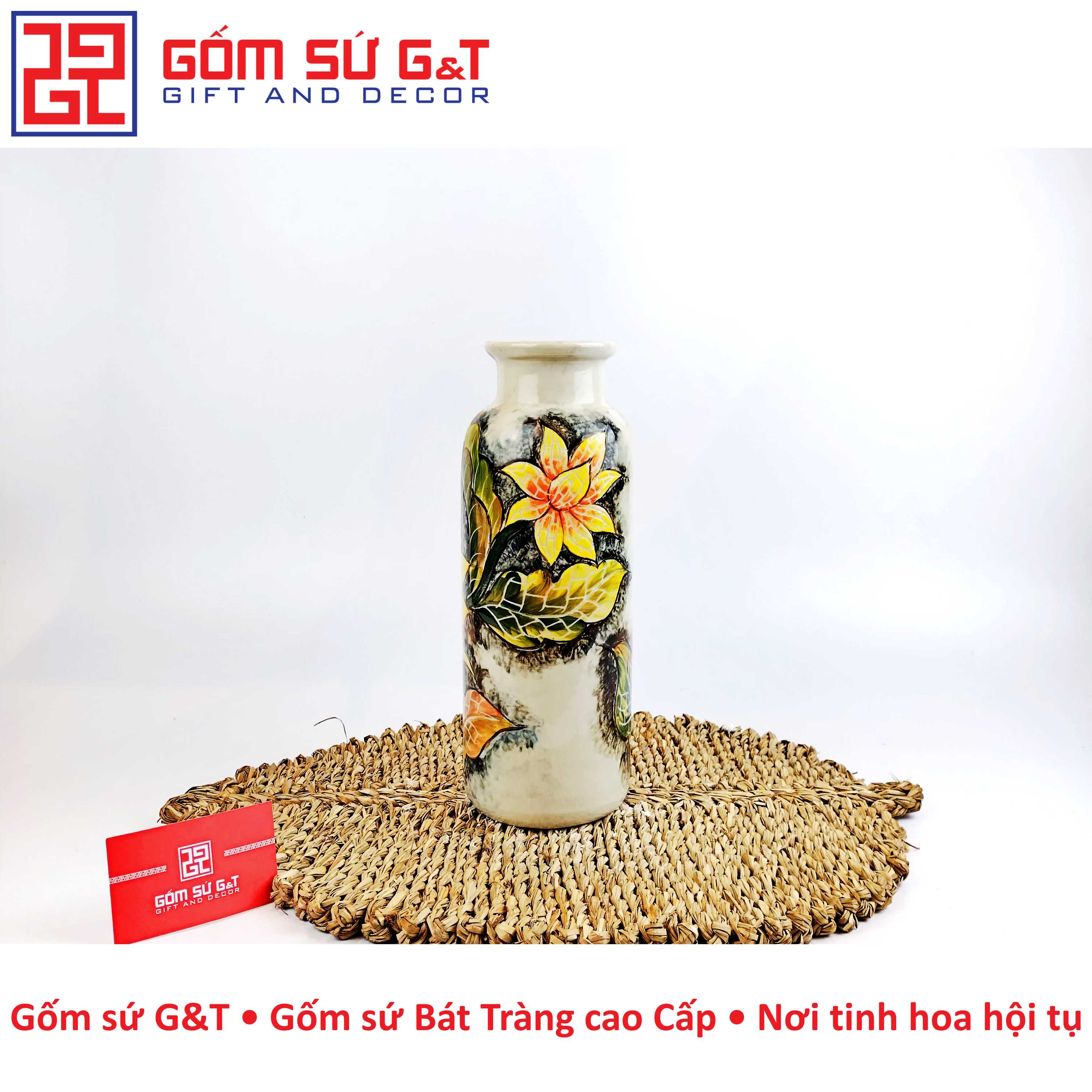 Lọ hoa dáng phích miệng gập vẽ hoa hướng dương Gốm Sứ G&T