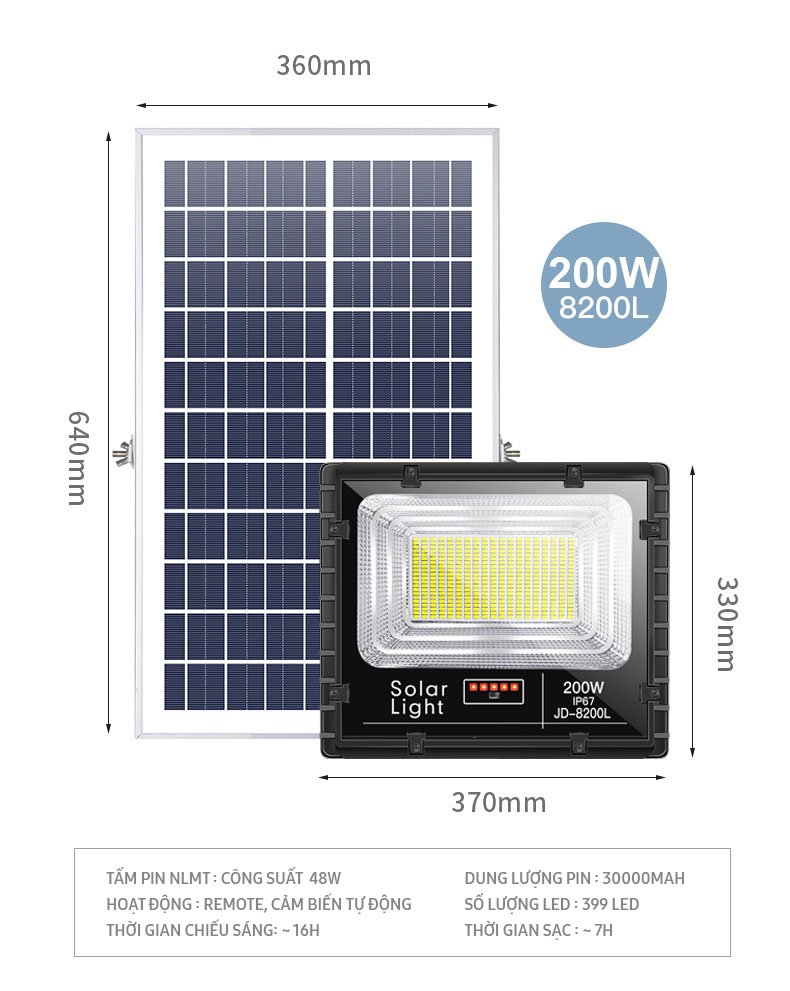 Đèn pha năng lượng mặt trời JINDIAN nhôm đúc nguyên khối, công suất 200W, Model: JD-8200L NÂNG CẤP 2020