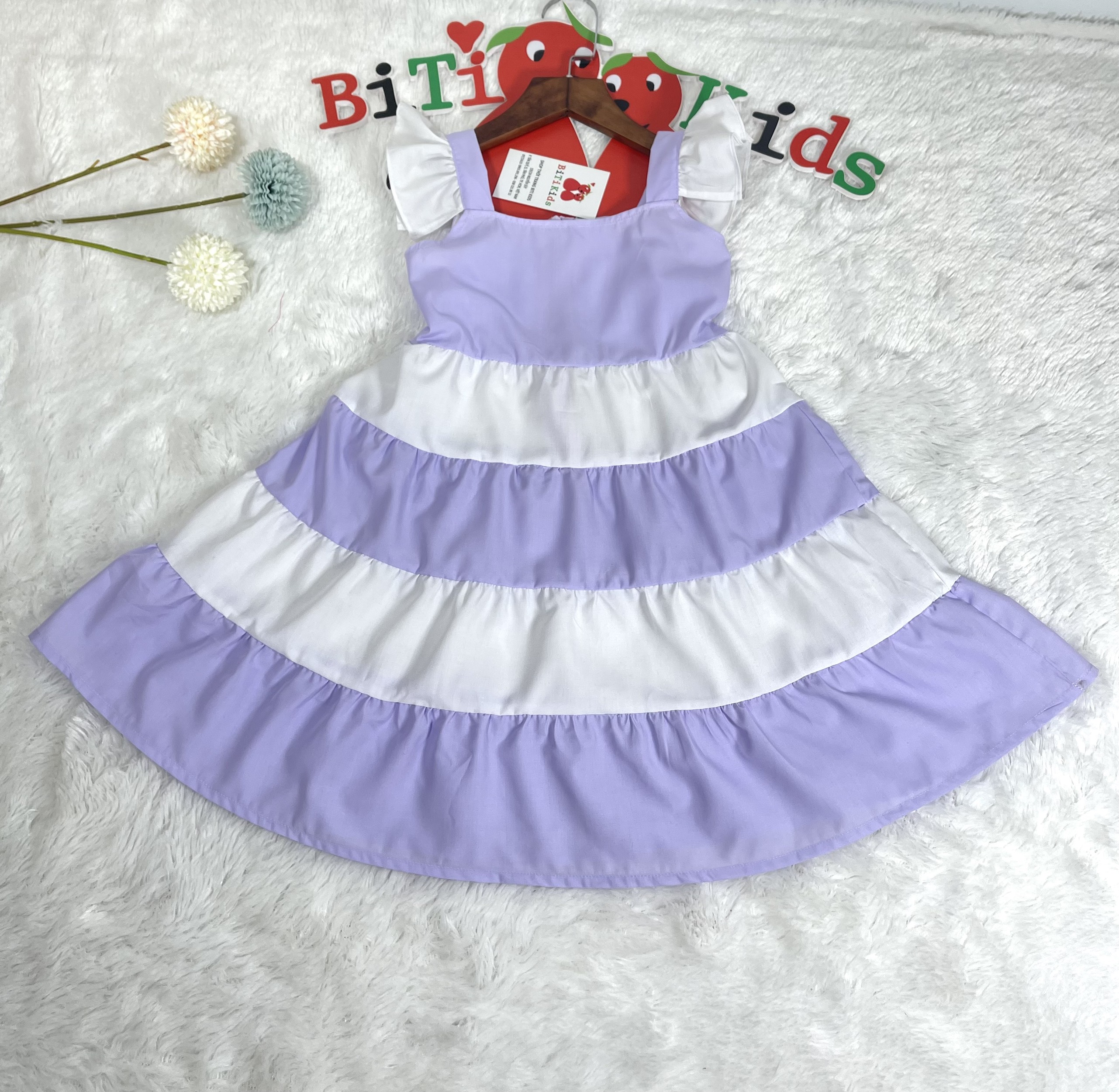 Đầm bé gái,váy trẻ em, phối 2 màu trắng xanh và trắng tím dễ thương vải kate cotton size 0 đến 8 tuổi