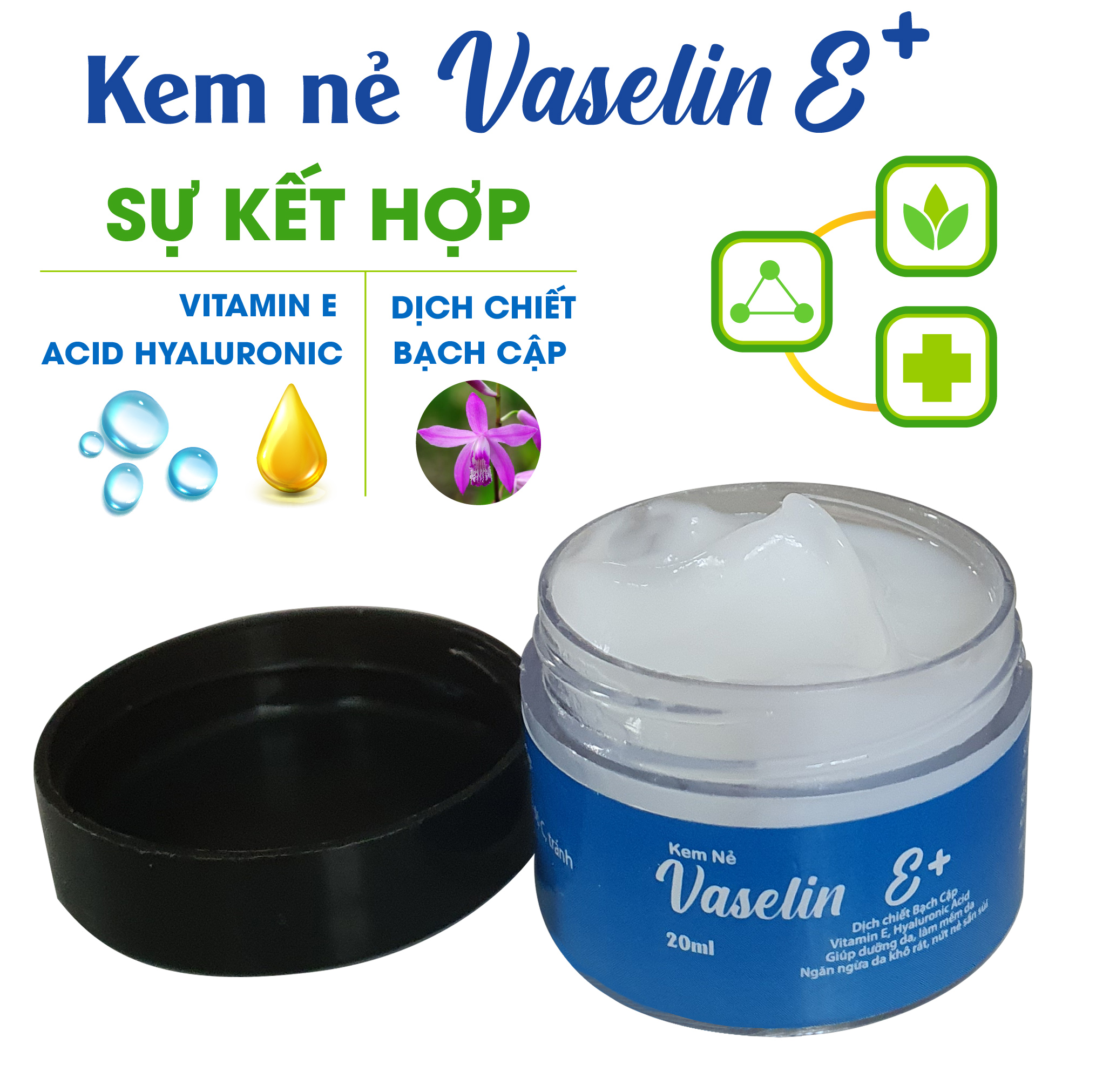 [3 hộp] Kem dưỡng da chống nẻ  Vaselin E+ . Tăng độ đàn hồi, giảm thiểu các nếp nhăn. Siêu giữ ẩm, tái tạo da. Dễ rửa trôi không bết dính. Hộp x 20ml