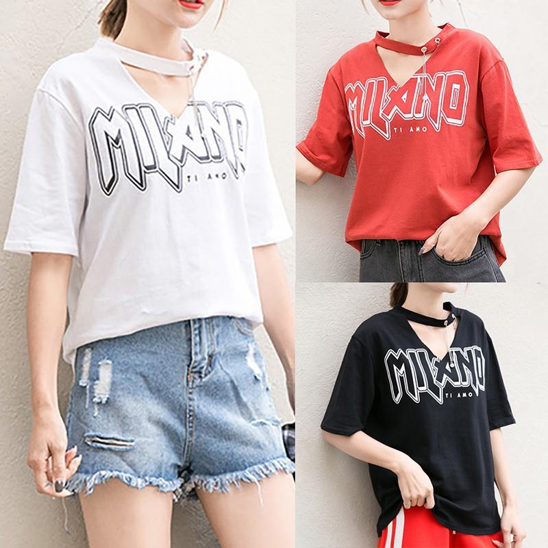 Áo thun nữ tay ngắn cổ chữ V in chữ gợi cảm