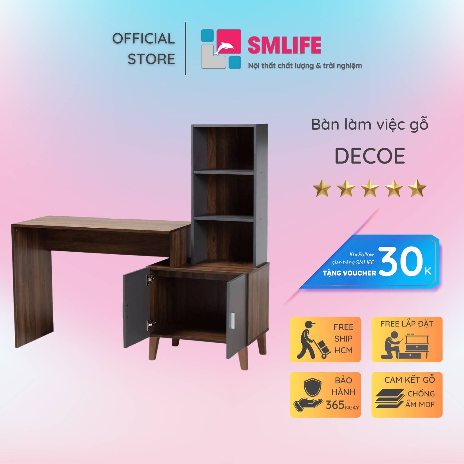 Bàn làm việc, bàn học gỗ hiện đại SMLIFE Decoe | Gỗ MDF dày 17mm chống ẩm | D145xR45xC135cm