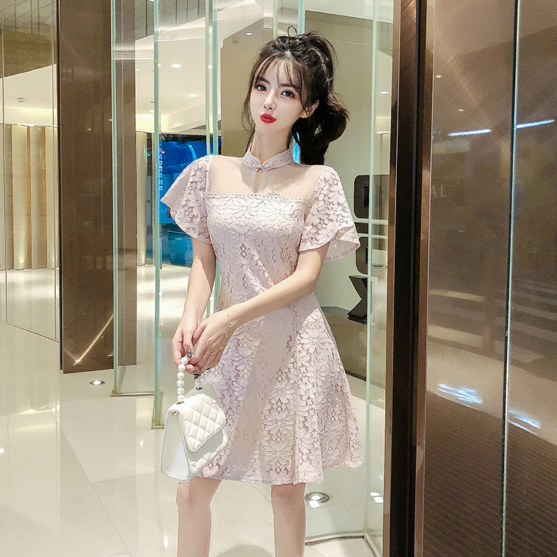 Hàng Quảng Châu - Đầm xòe ren hoa cổ tàu màu hồng siêu dễ thương - d66191