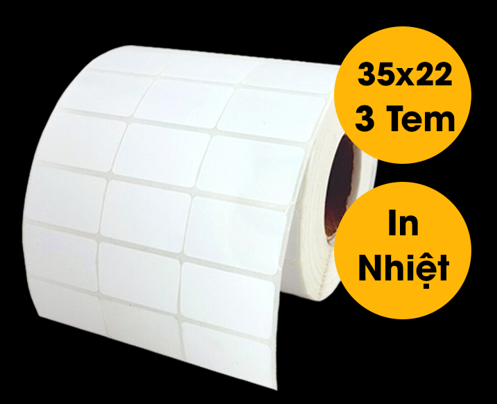 Giấy in nhiệt 35x22 3 tem/ hàng (50m), Cuộn decal in mã vạch 3 tem/ hàng, decal nhiệt 3 tem 35x22