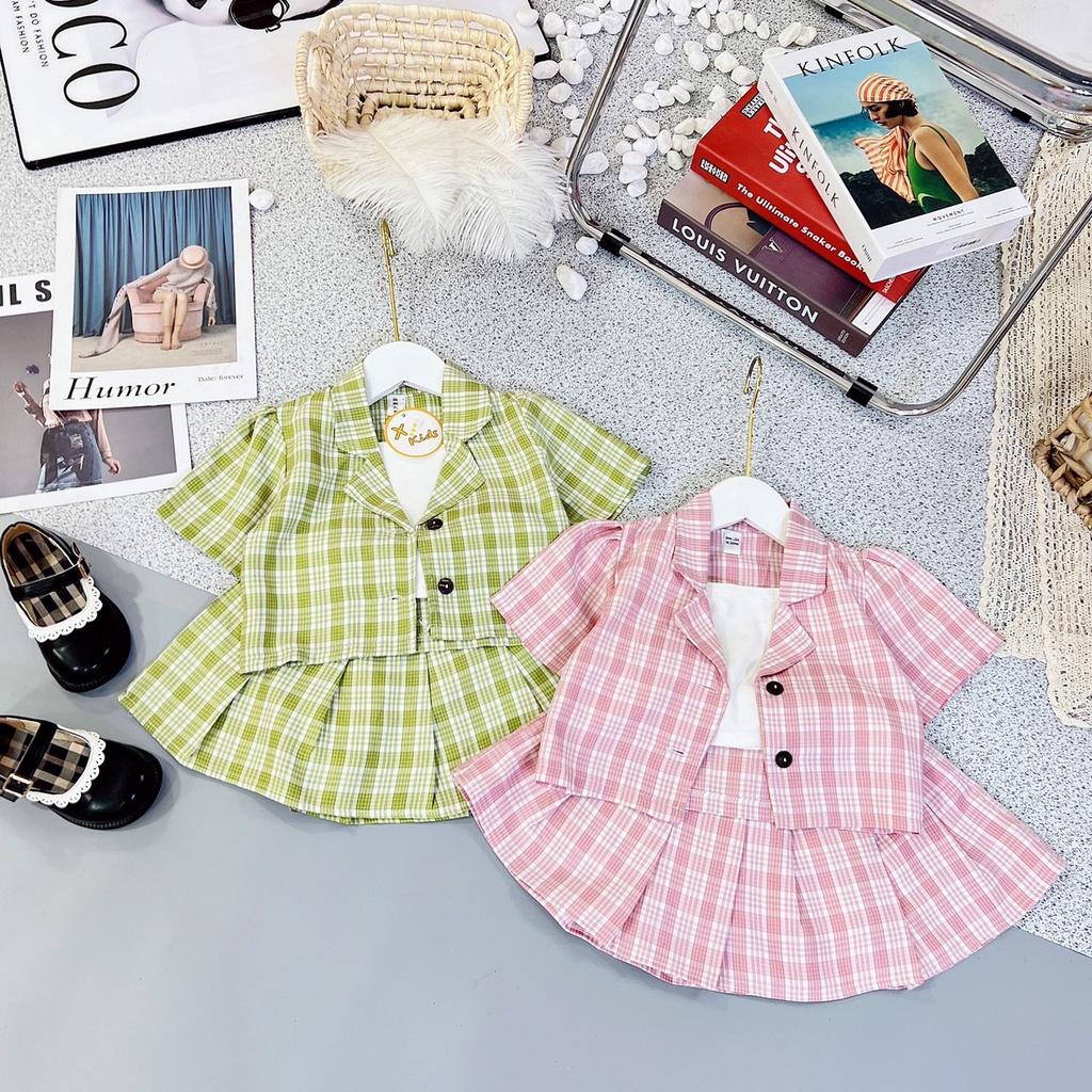 Set váy giả vest bé gái kẻ caro 3 chi tiết áo, chân váy xếp ly và áo quây sợi bún XHN1025