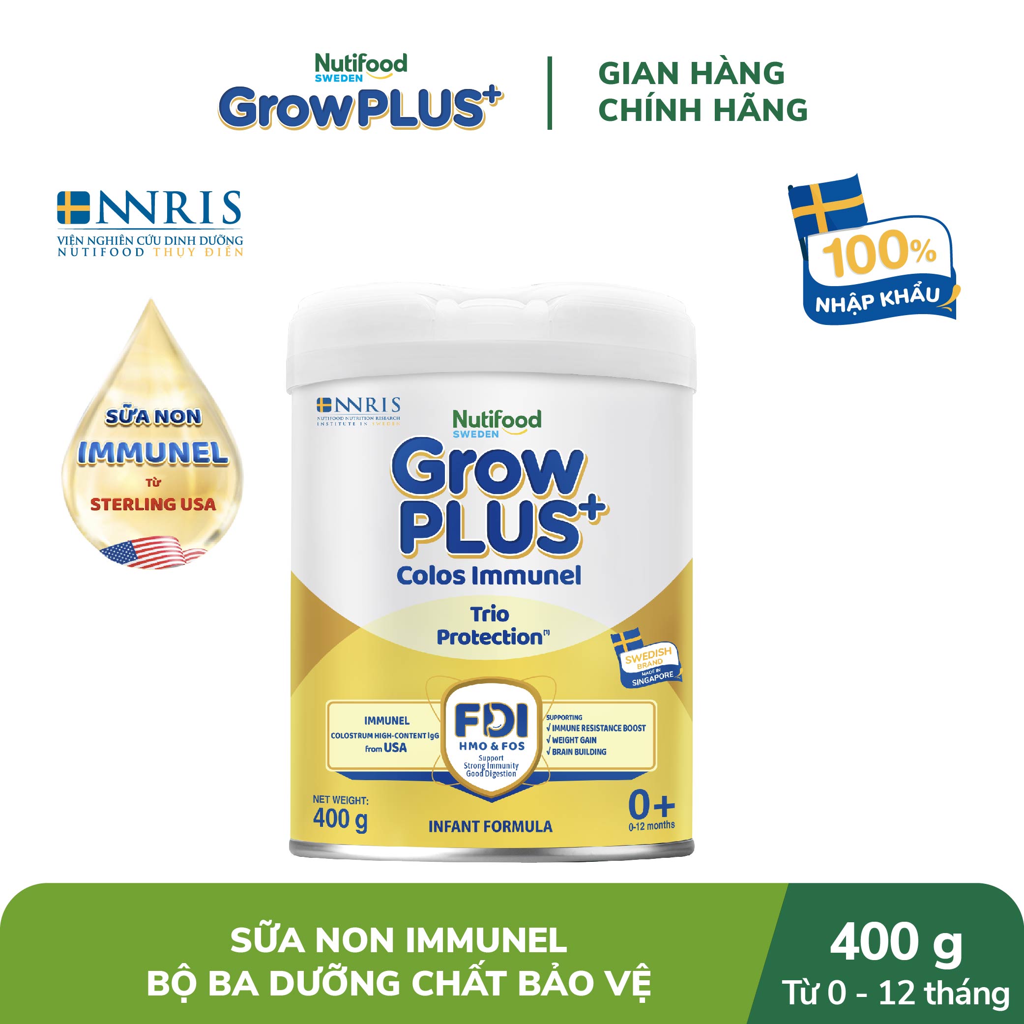 Sữa Bột Nutifood Sweden GrowPLUS+ Sữa Non Immunel từ 0 - 12 tháng lon 400g