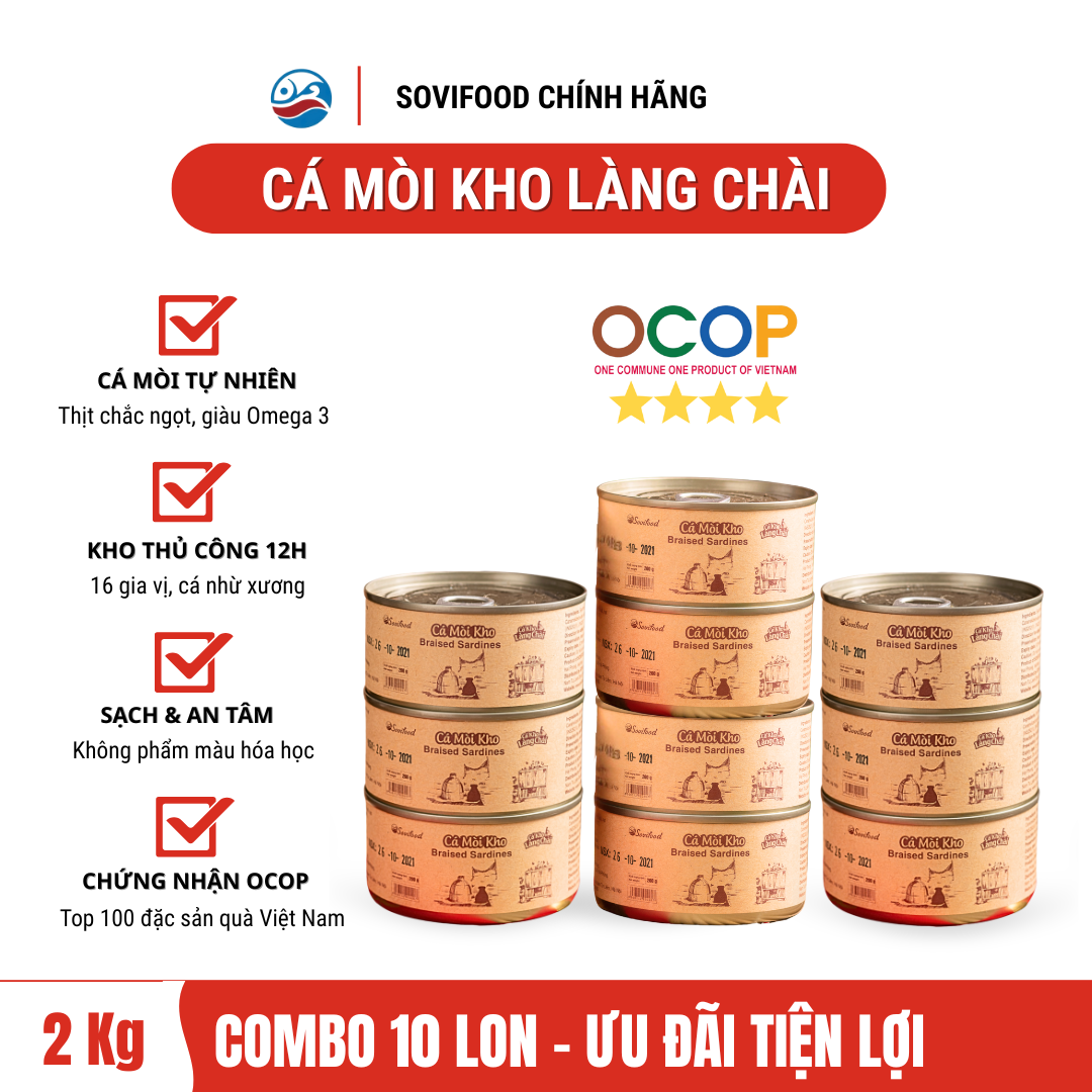 Combo 10 Lon Cá Mòi Kho Làng Chài Sovifood - Cá Mòi Kho Nhừ Xương Đậm Vị, OCOP 4 Sao Hải Phòng - 2kg