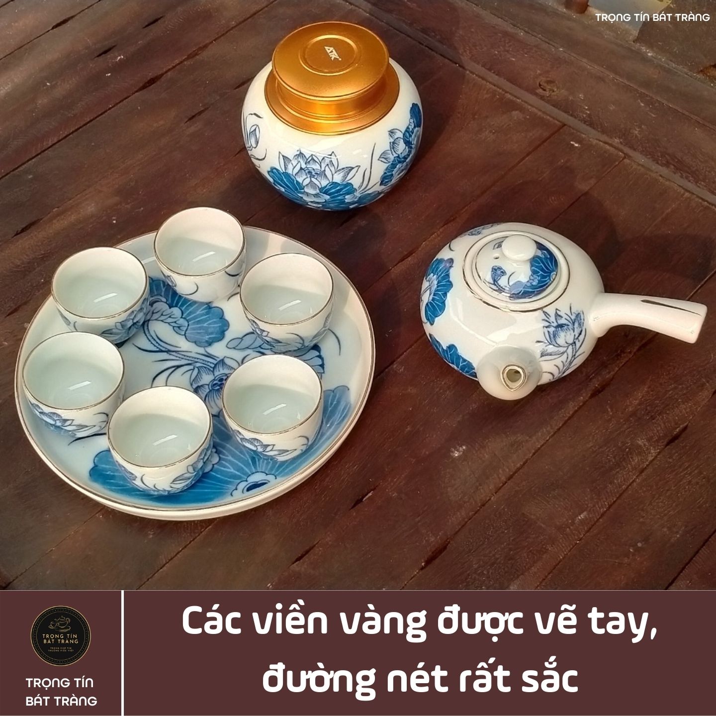 Bộ Ấm Chén Trà Đạo Gốm Trắng Men Lam Bát Tràng Hoa Sen Vẽ Vàng Dáng Đường Vũ Dung Tích 320ml ATA 26