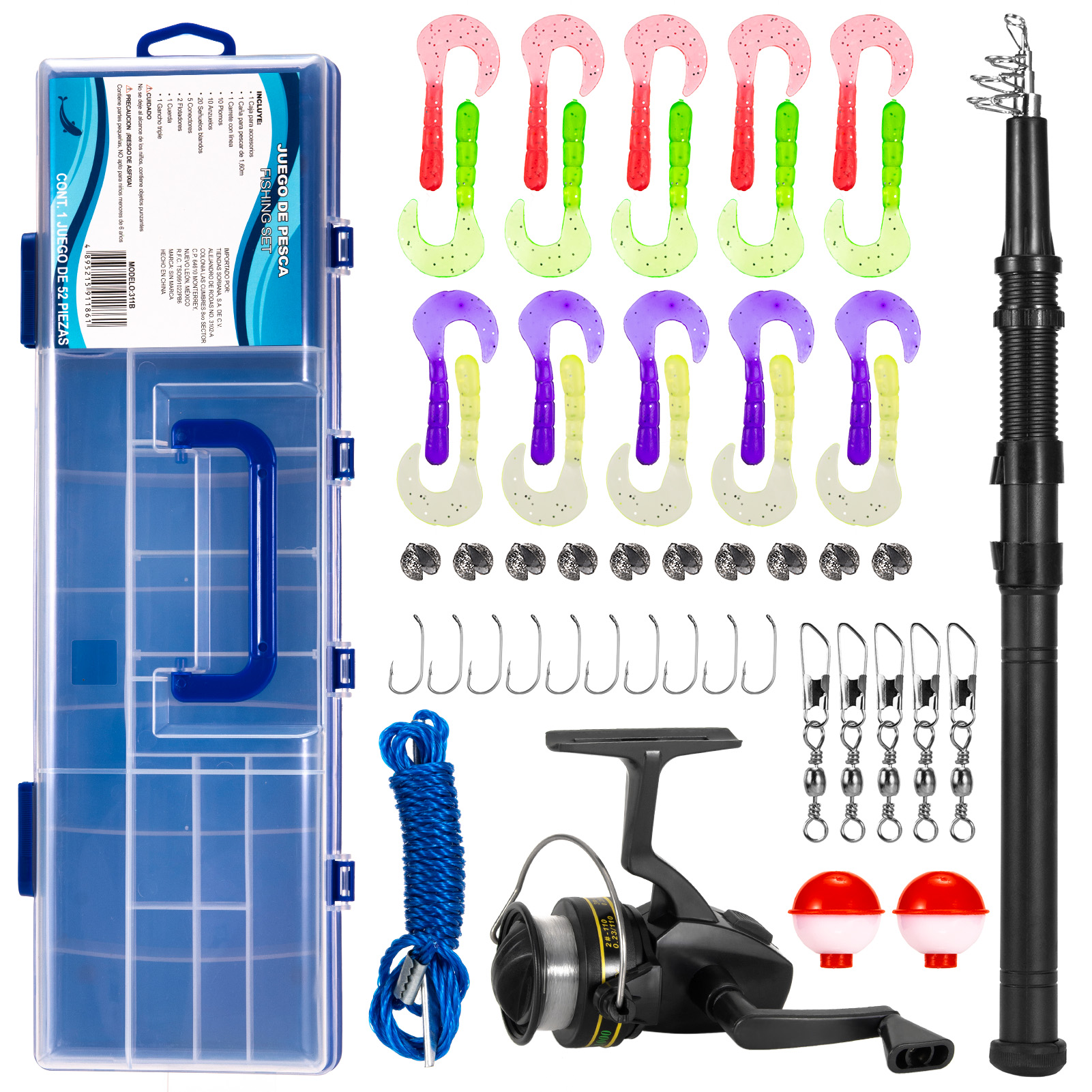Combo cần câu ống lồng 1,6m và cuộn quay có tỷ số truyền 3.3: 1 với đầy đủ dụng cụ câu cá 51 chi tiết