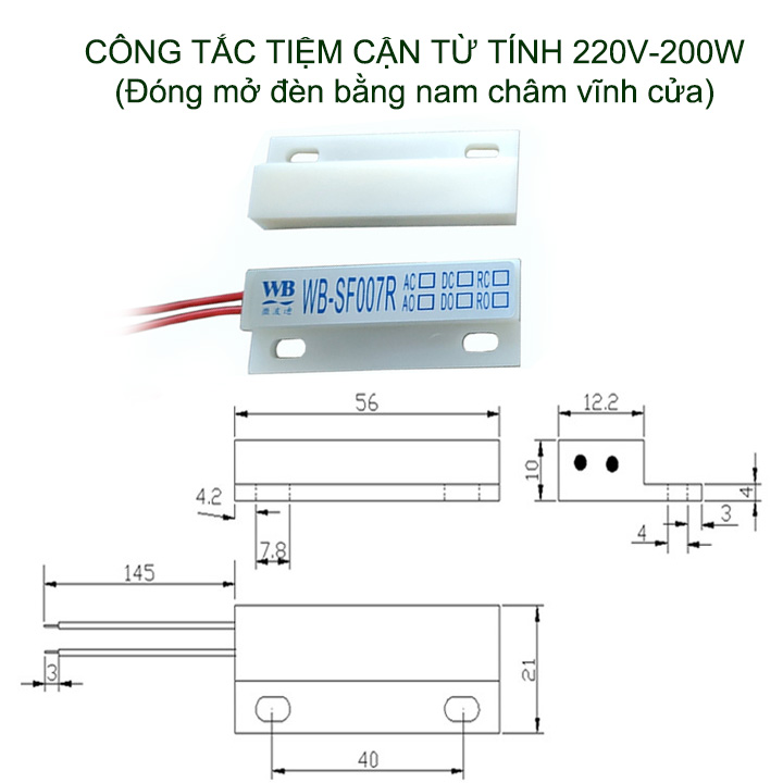 Công tắc từ tính 220V-200W WB-SF007R, đóng mở bằng nam châm vĩnh cửu, thường đóng-mở tùy chọn