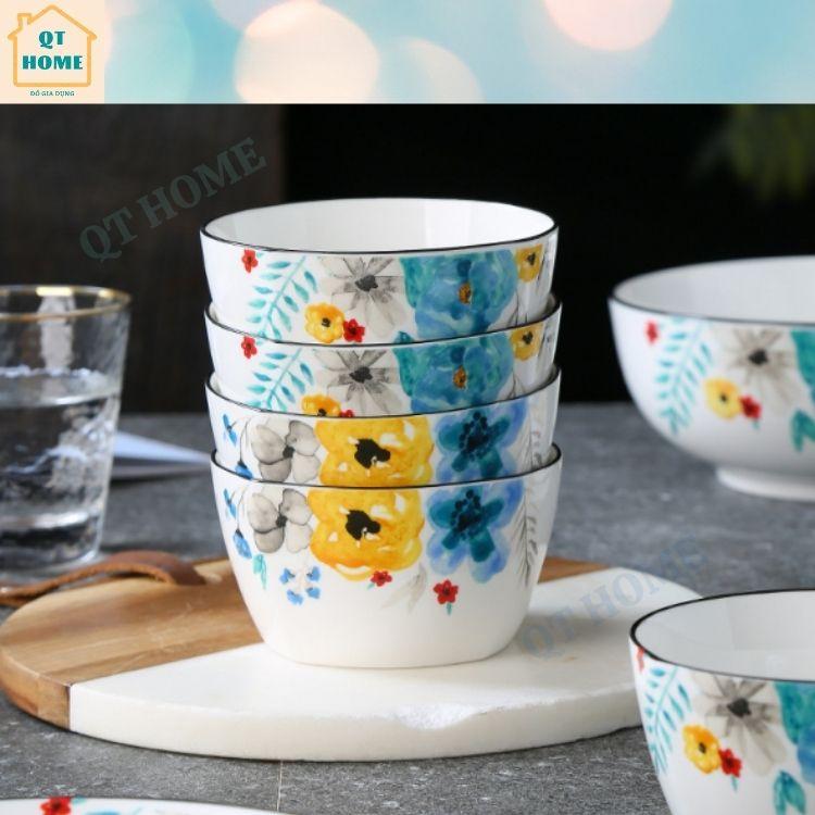Bộ 4 Chén Sứ, Bát Sứ Hộp Quà Tặng, Họa Tiết Bông Hoa