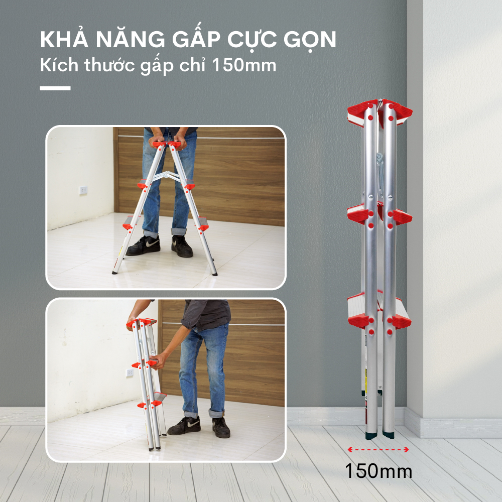 Thang nhôm gấp chữ A Fujihome DL203, 3 bậc cao 0.76 mét - Hàng chính hãng