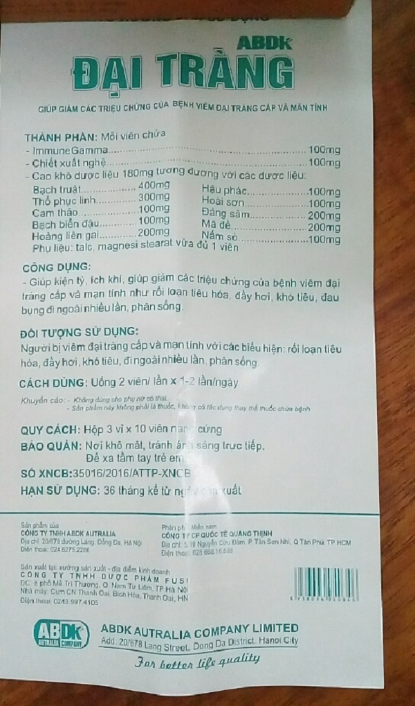 Thực phẩm bảo vệ sức khỏe ĐẠI TRÀNG ABDK