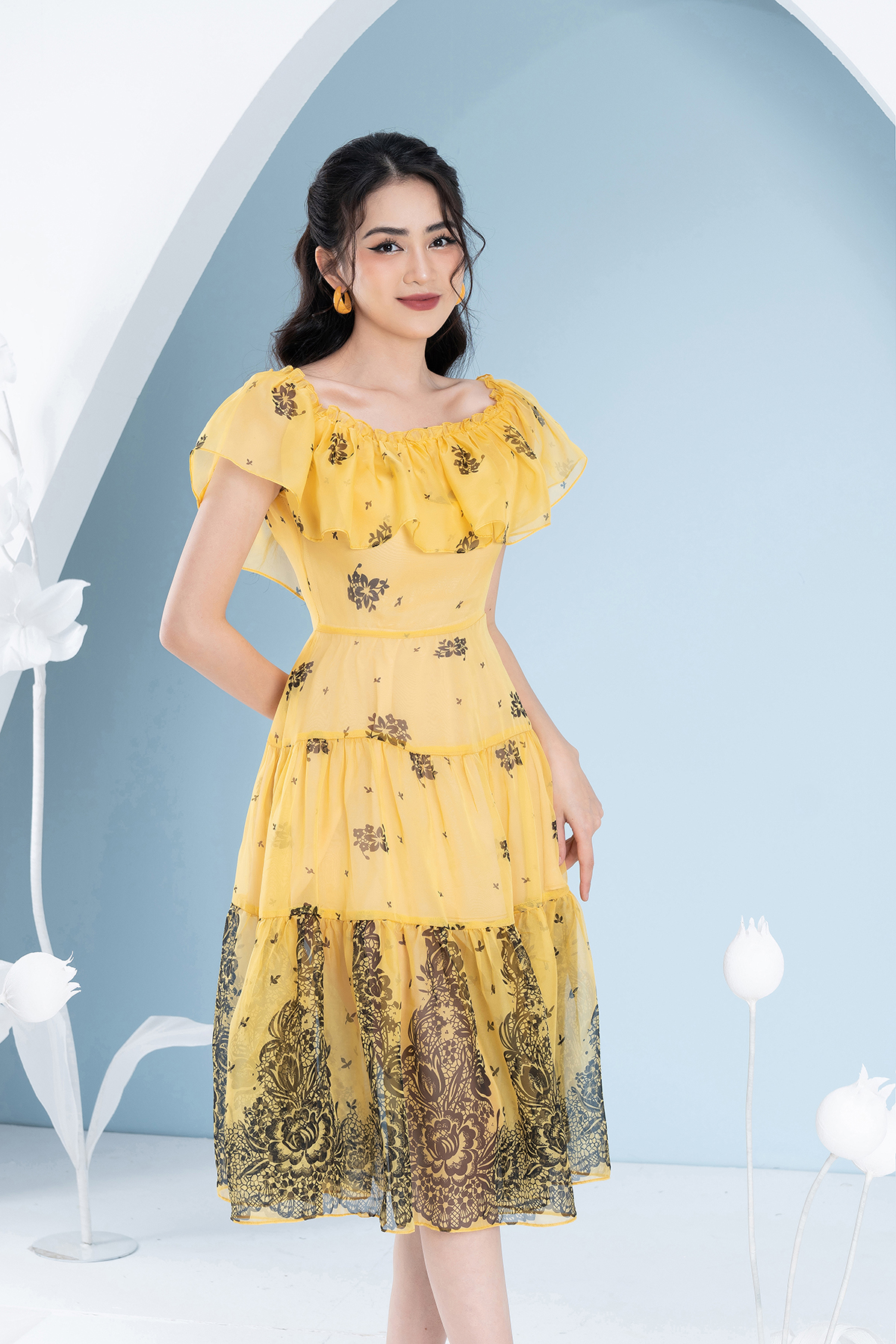 Đầm Maxi Tơ Xếp Tầng Dài Tới Bắp Chân Luperi LFV3290 cổ chun