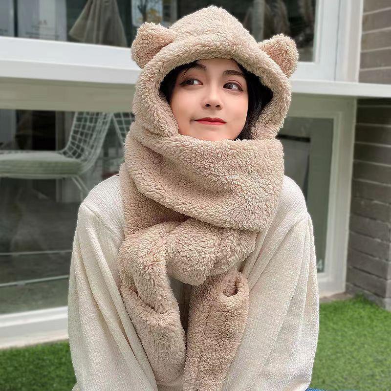 Mũ lông cừu kèm khăn quàng cổ bao tay 3 trong 1 ấm áp phong cách Hàn Quốc