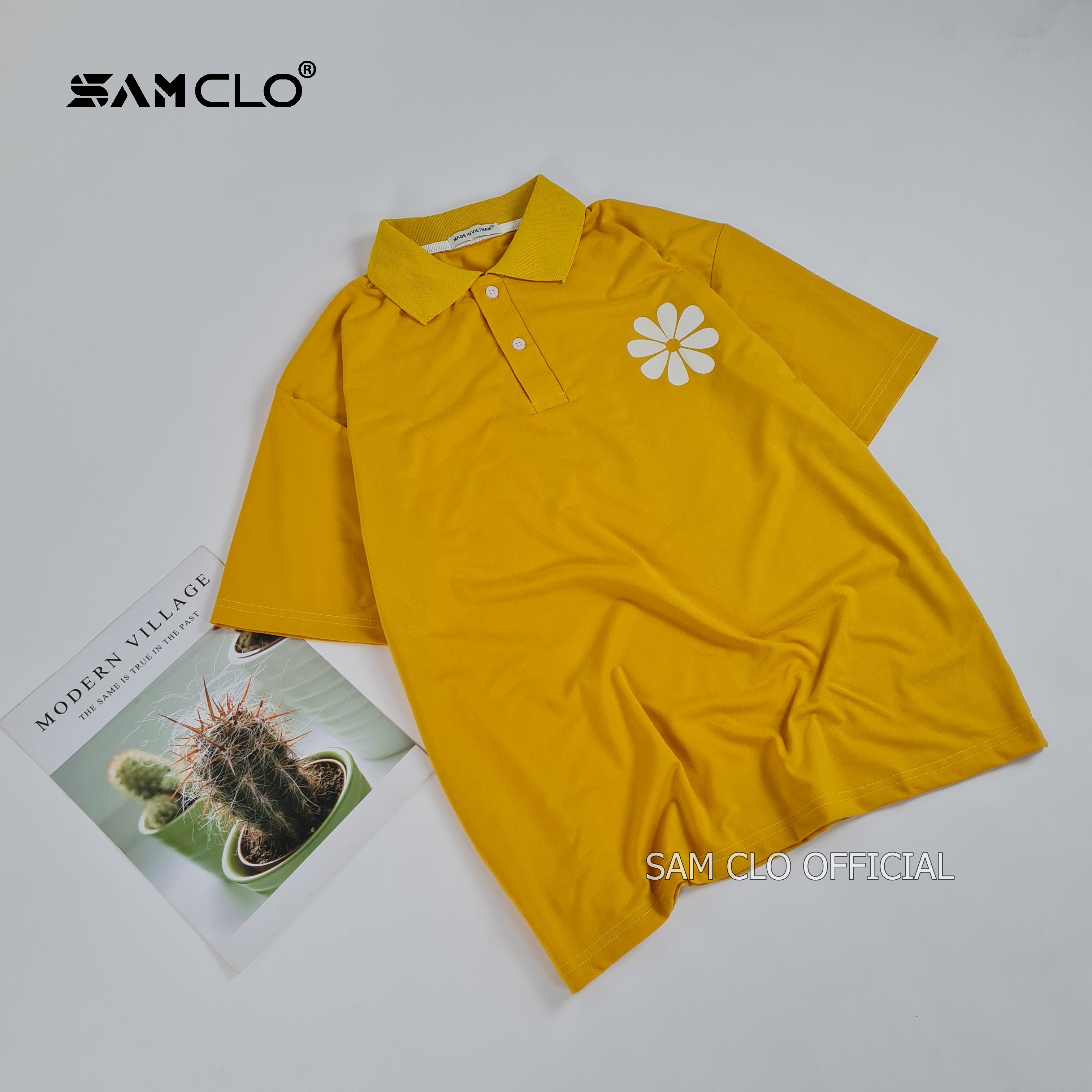 Áo thun Polo tay lỡ nữ SAM CLO form rộng phông freesize unisex mặc đi học, cặp, nhóm, lớp in hình hoa cúc - MÀU VÀNG