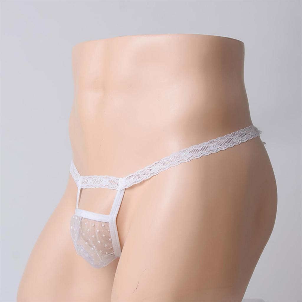 Men Sheer Mesh Lace Bulge Pouch T-back Thong Brief G-string Underwear White