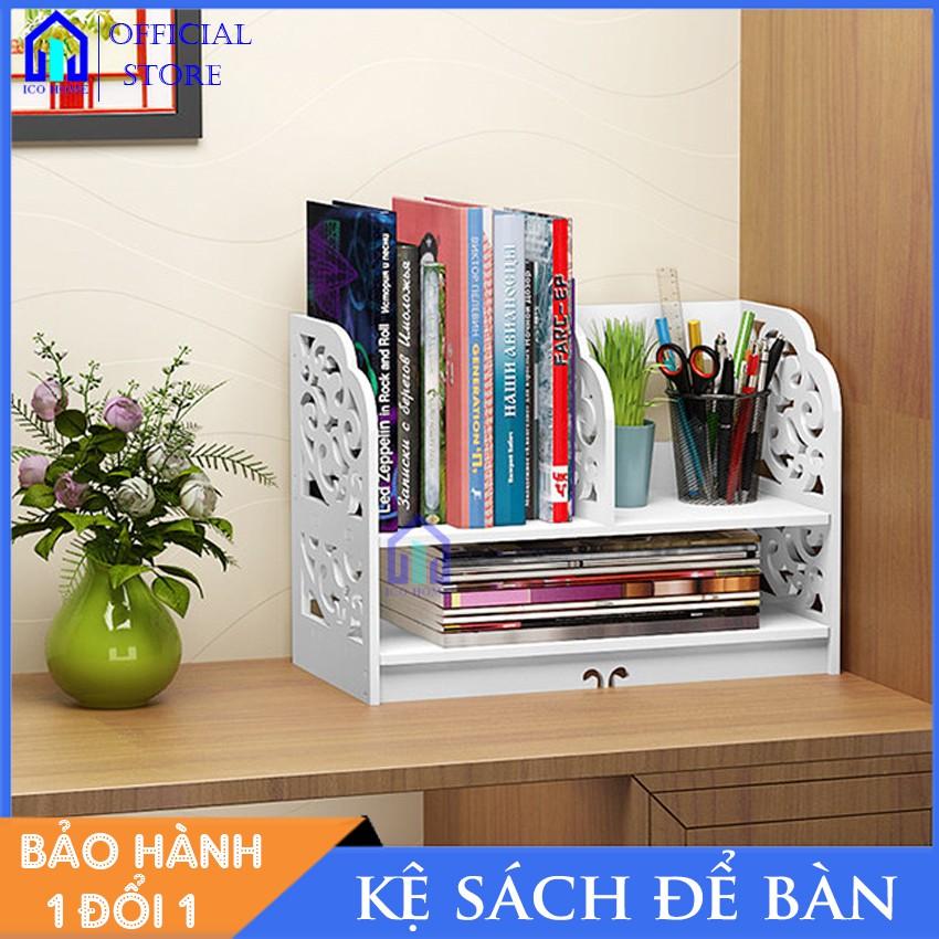 Kệ sách để bàn bằng gỗ hoa văn đẹp dễ dàng lắp ghép có nhiều ngăn, để bàn học bàn làm việc văn phòng - ICO HOME