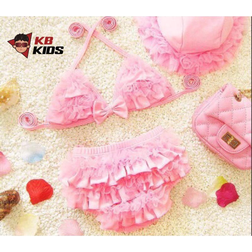 Bikini Cho Bé Gái Bèo Ren Kèm Mũ Đồ Đi Biển Cho Bé KB Kids - KB070