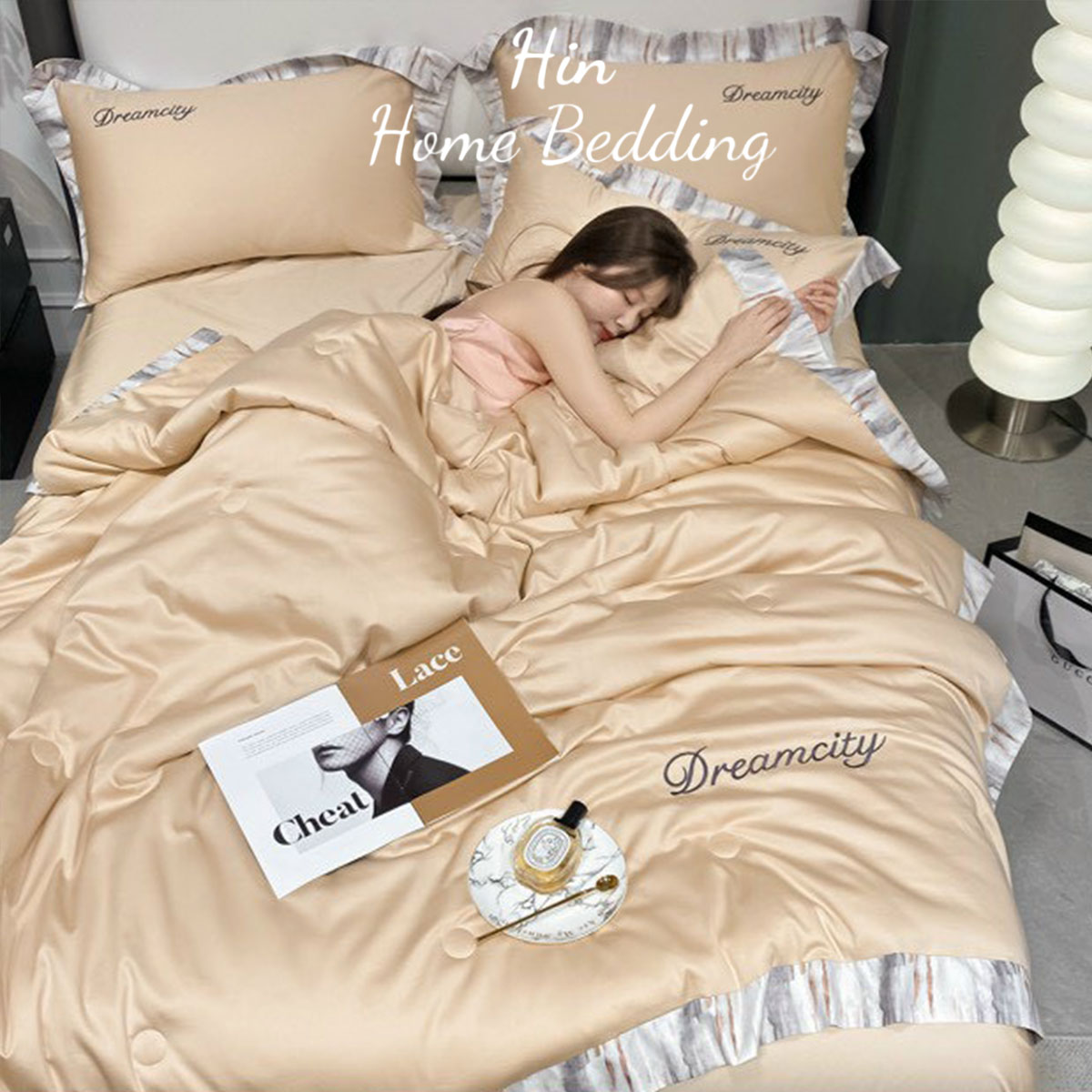 Bộ Chăn Ga Gối Đệm 5 Món Chăn Phao Lụa Thái Hin Home Bedding Mẫu Vàng