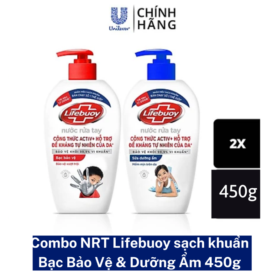 Combo 2 Nước rửa tay sạch khuẩn Lifebuoy Bạc Bảo Vệ và Sữa Dưỡng Ẩm Chai 450G