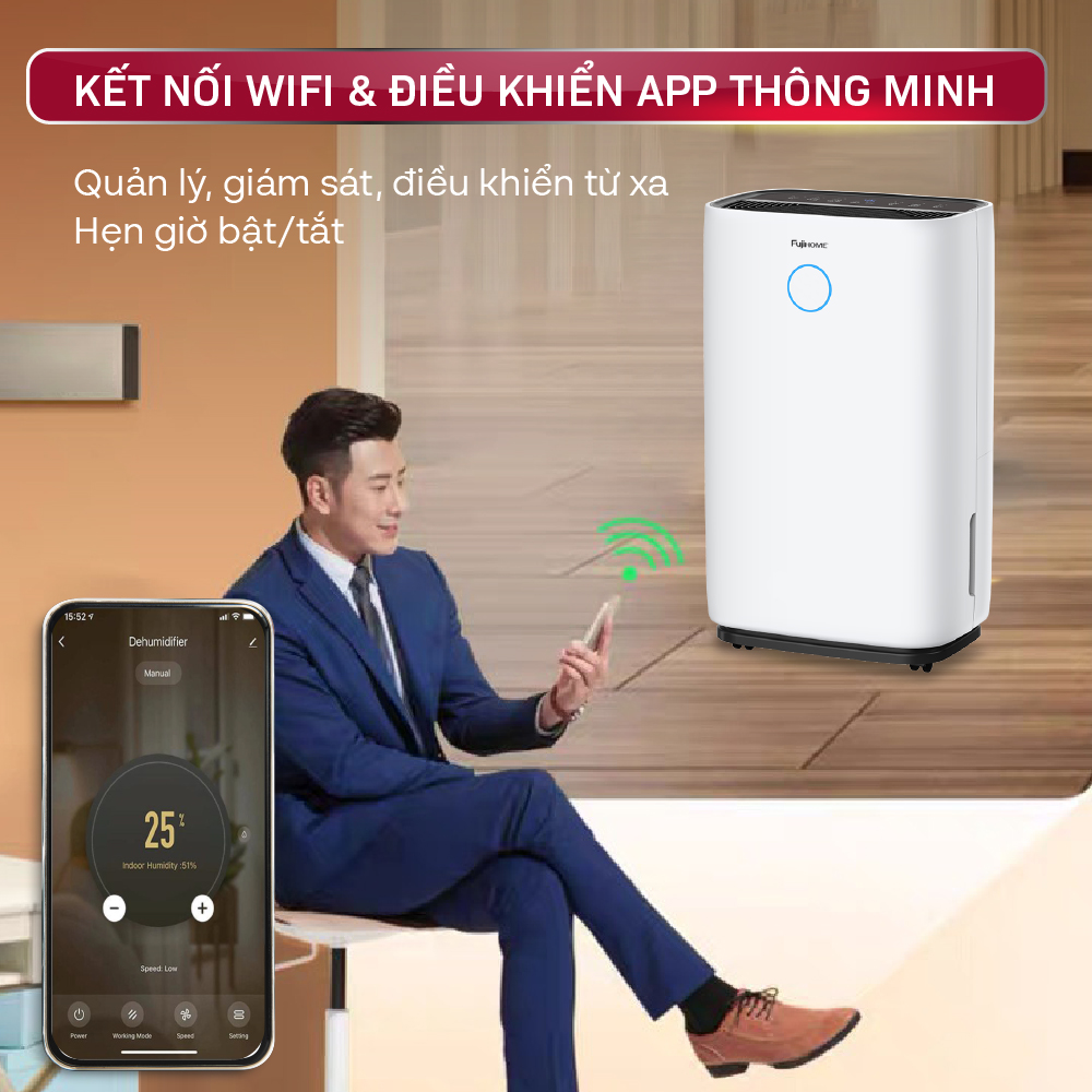 Máy hút ẩm lọc không khí 40m2 DH25W nhập khẩu FUJIHOME Nhật Bản, máy hút ẩm không khí HEPA thông minh mini đèn LCD hiển thị độ ẩm - HÀNG CHÍNH HÃNG