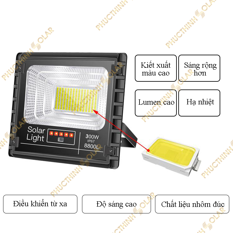 Đèn Năng Lượng Mặt Trời 300W Jindian JD-8300L, Đèn Pha Led Chống Nước IP67 Cảm Biến Ánh Sáng Có Remote Phúc Thịnh Solar