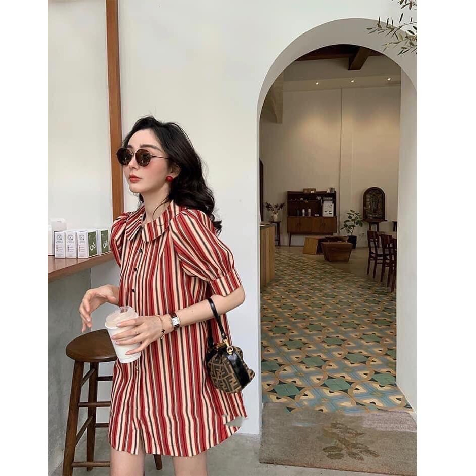 Đầm sơ mi suông sọc đỏ tay ngắn