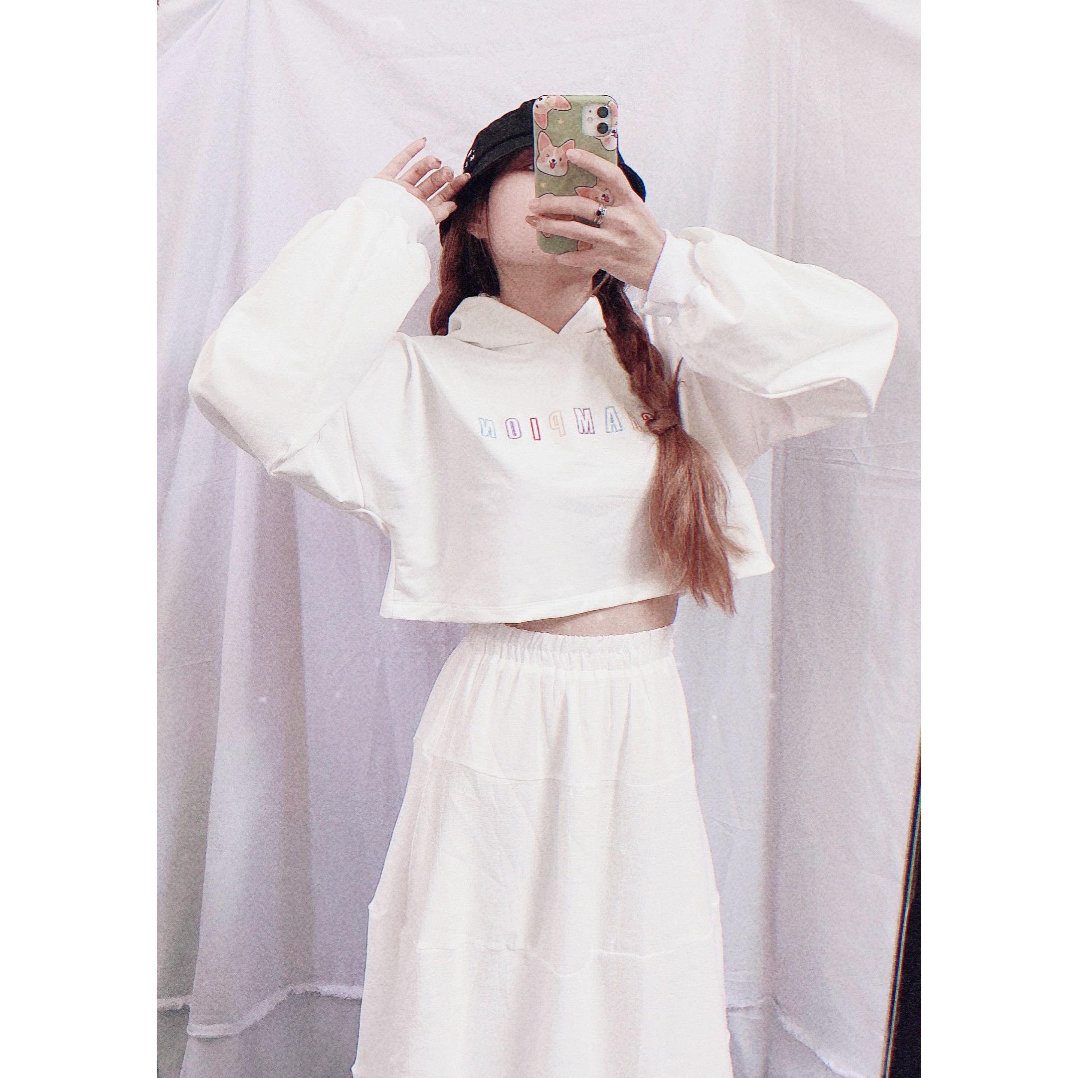 Áo croptop tay dài có nón form rộng (Nhiều Mẫu) - Chữ CHAMPION THÊU (Trắng)