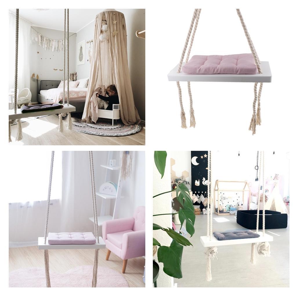 Hanging Rope Wooden Swing with Sponge Cushion Kids Outdoor Indoor Swing Pink Pad