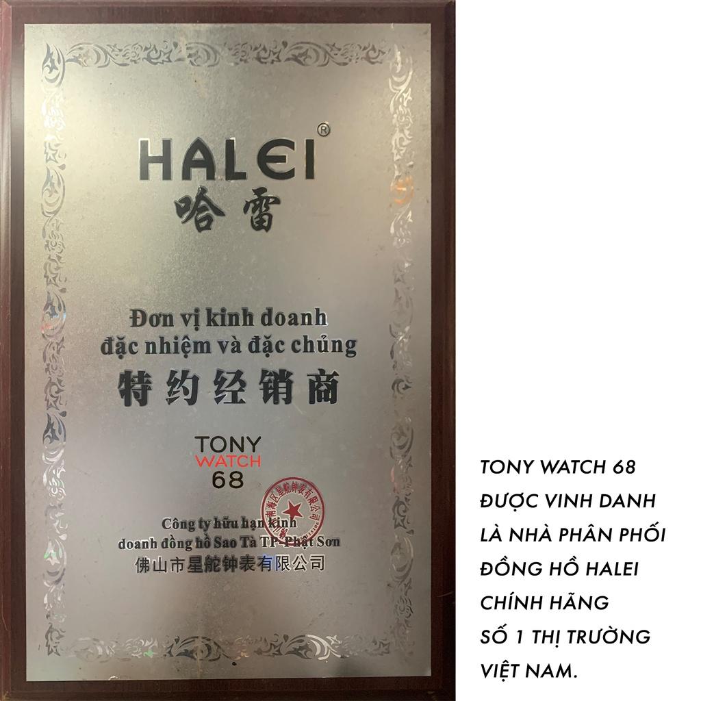 Đồng hồ đôi nam nữ Halei mặt trắng dây da kim loại chính hãng TonyWatch68