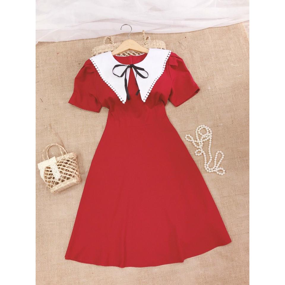 Đầm đen dự tiệc phối cổ bèo bâu trắng Cao Cấp 3 màu trắng đen đỏ, dáng xòe tay ngắn nữ tính quyến rũ sang trọng - MiNhi