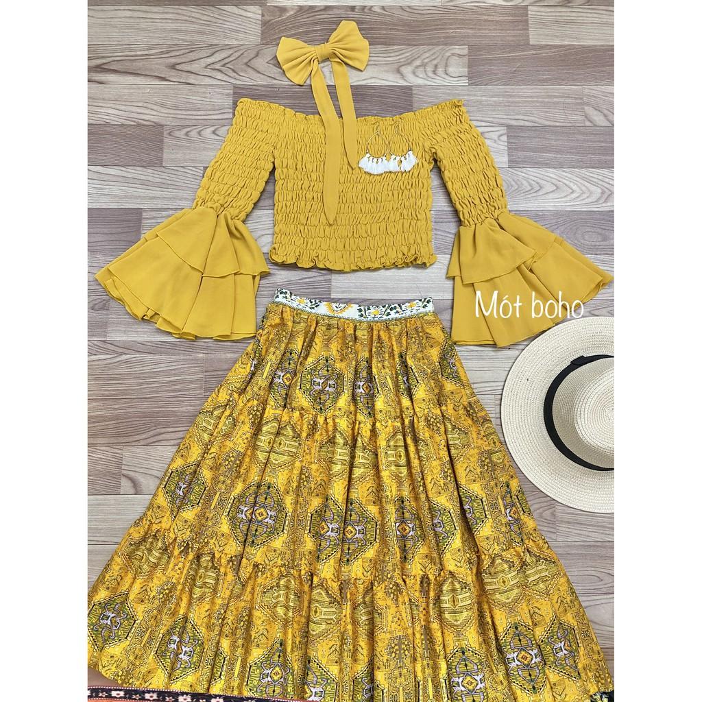 Áo voan trễ vai nhún ngực tay loe