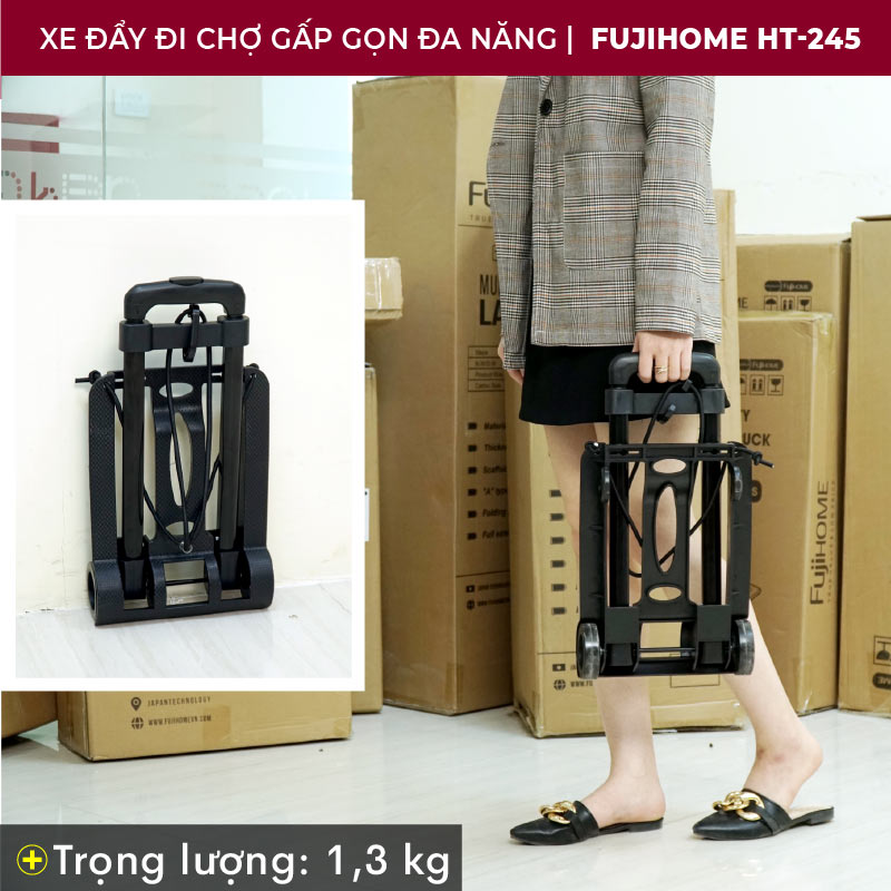 Xe đẩy hàng gấp gọn đi chợ (đi kèm dây buộc) FUJIHOME HT-245, xe kéo hàng đi chợ gấp gọn mini siêu thị đa năng - Hàng Nhập Khẩu