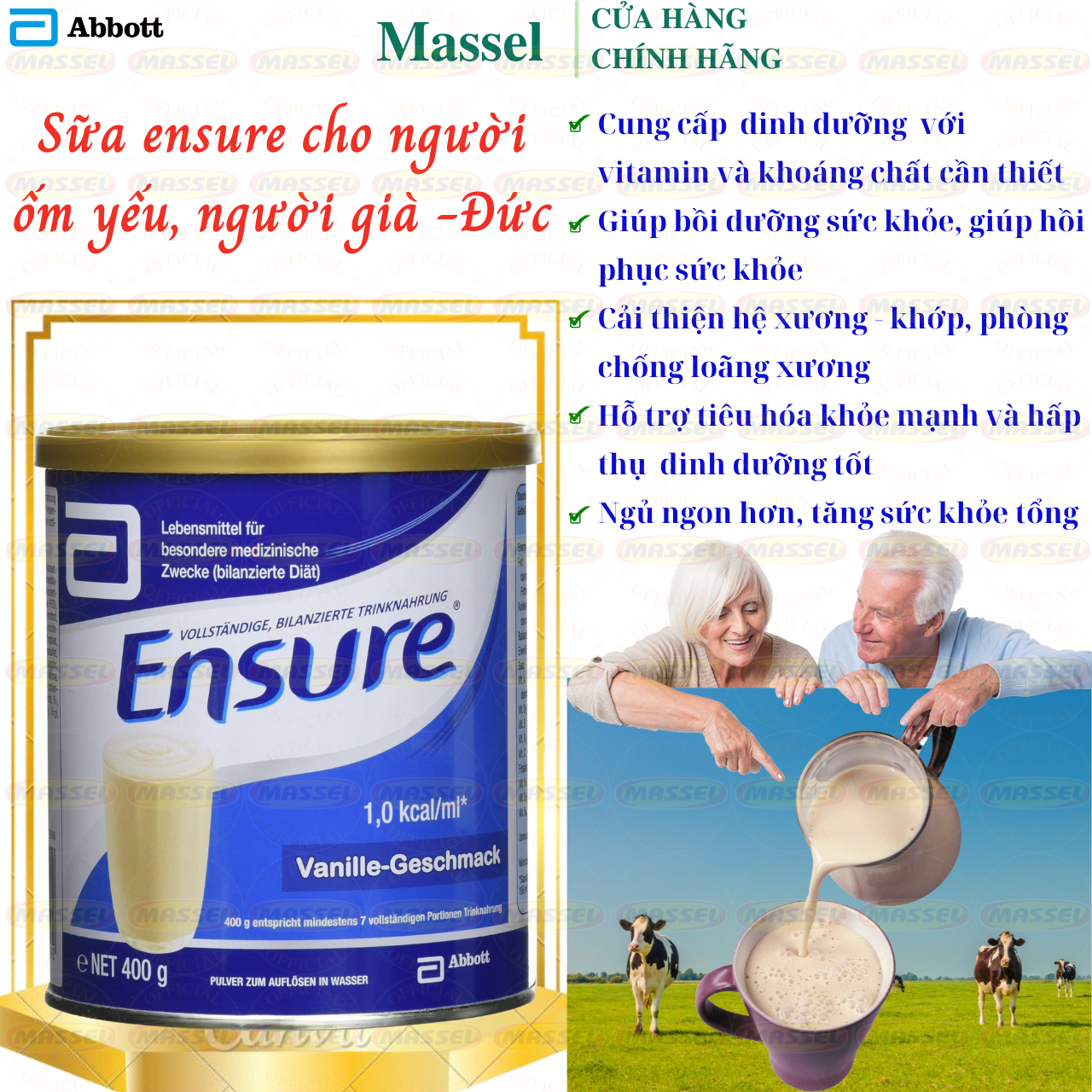 Ensure Đức cho người lớn, người ốm yếu, suy dinh dưỡng Ensure Vanille Geschmask - Cung cấp dinh dưỡng hồi phục sức khỏe - Massel Official