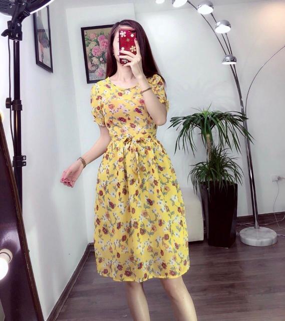Đầm hoa xoè cổ tròn buộc nơ tay nhún bèo DVCC98