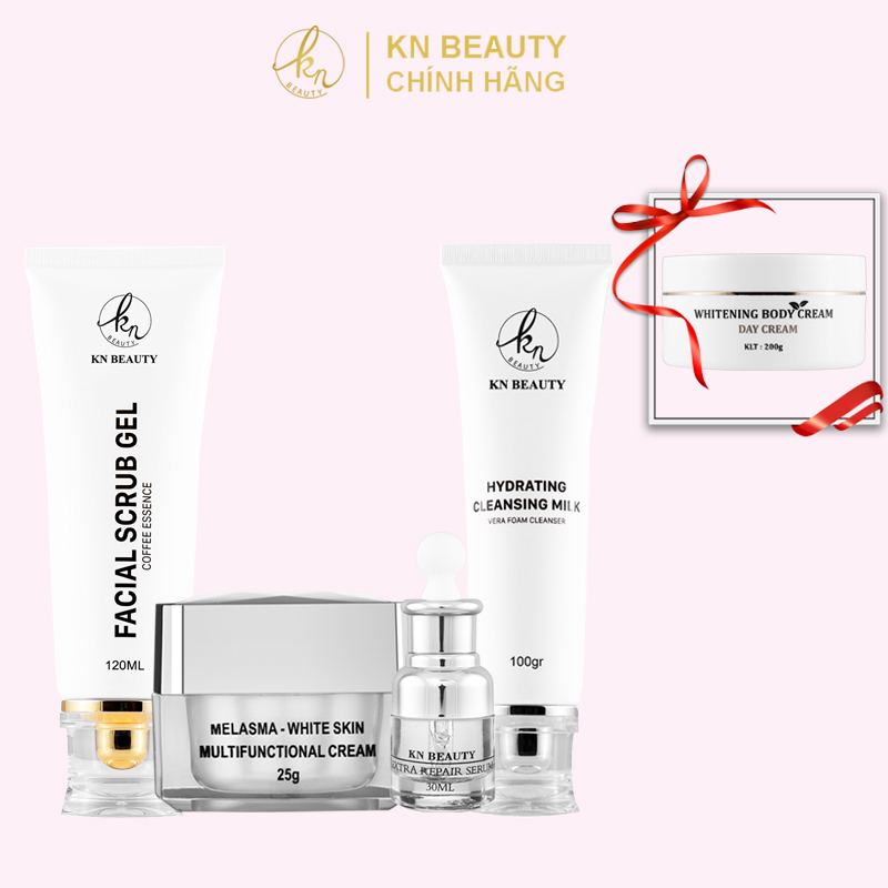 Bộ 4 bước chăm sóc da Trắng sáng Ngừa Nám KN Beauty chuyên sâu: Kem dưỡng + Serum + Sữa rửa mặt + Tẩy tế bào chết