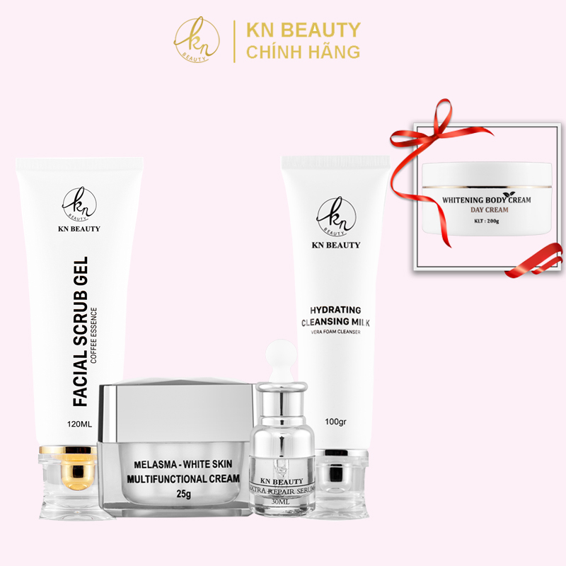 Bộ 4 bước chăm sóc da Trắng sáng Ngừa Nám KN Beauty chuyên sâu: Kem dưỡng + Serum + Sữa rửa mặt + Tẩy tế bào chết  (Tặng Body Bơ Ngày)