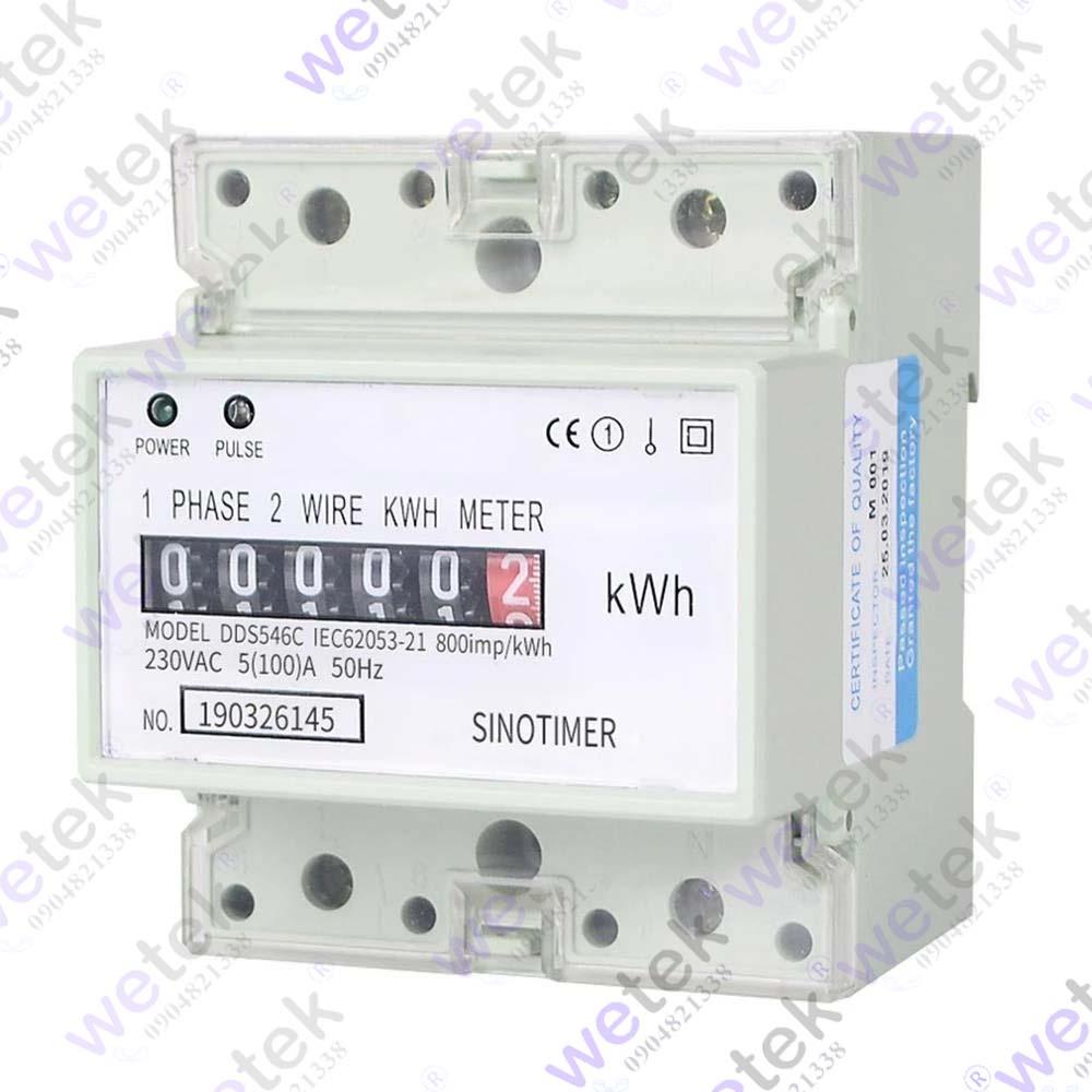 Công tơ 1 pha Sinotimer DDS546C hiển thị cơ 99999.9kWh 230Vac 5(100)A cài DIN nhỏ gọn (an toàn, không cho reset)