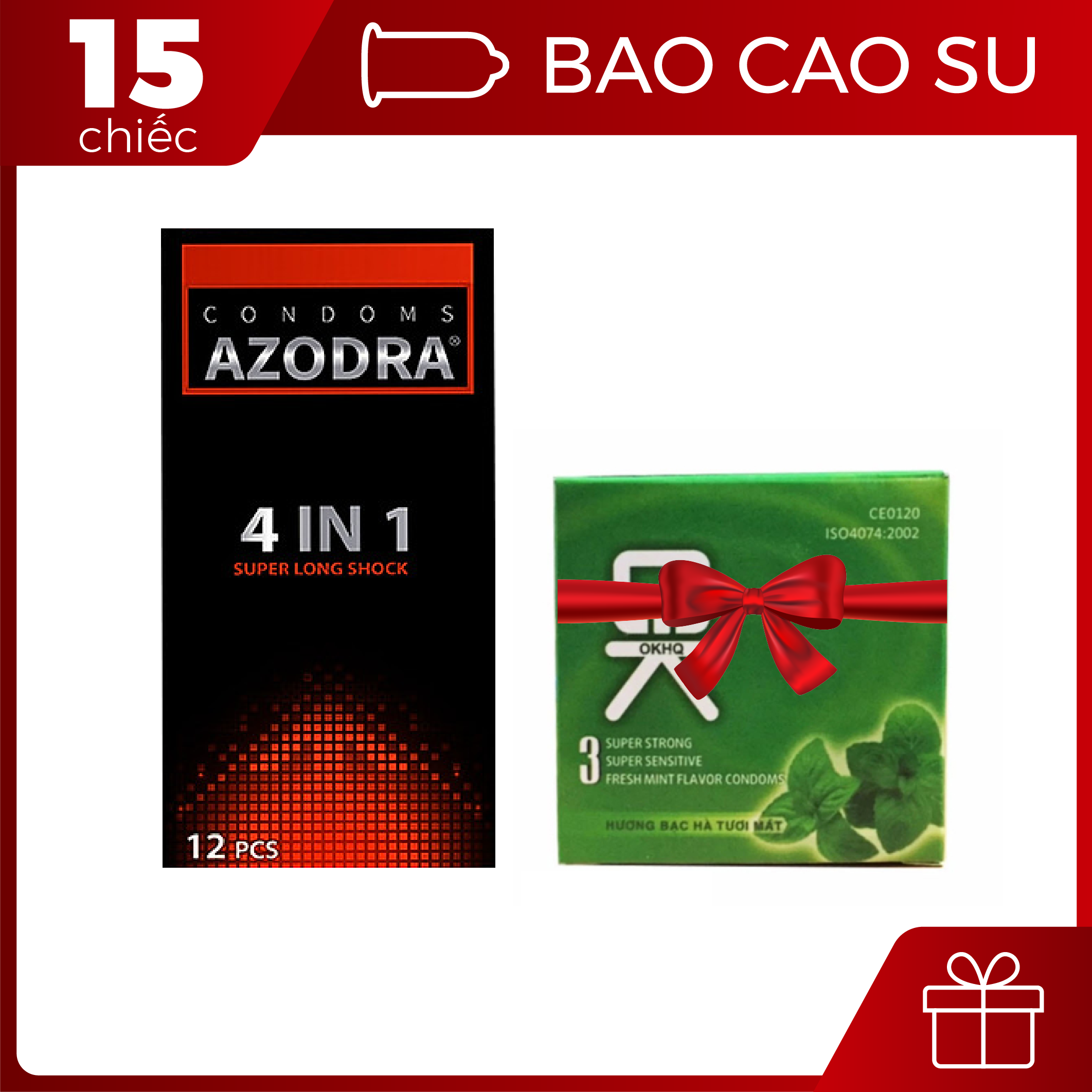 [Hộp 12 cái] Bao cao su Azodra 4 in 1 - Kéo dài thời gian kèm bao cao su OKHQ Bạc hà 