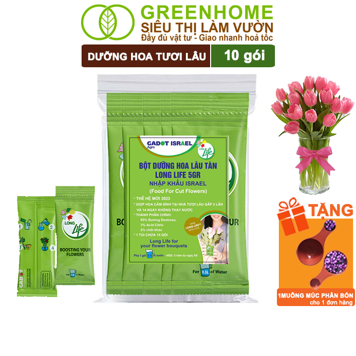 10Gói Dưỡng Hoa Tươi Lâu Greenhome, Longlife, Bón Cho Hoa Cắt Cành, Gói 5gr, Lâu Tàn, Không Hôi Nước
