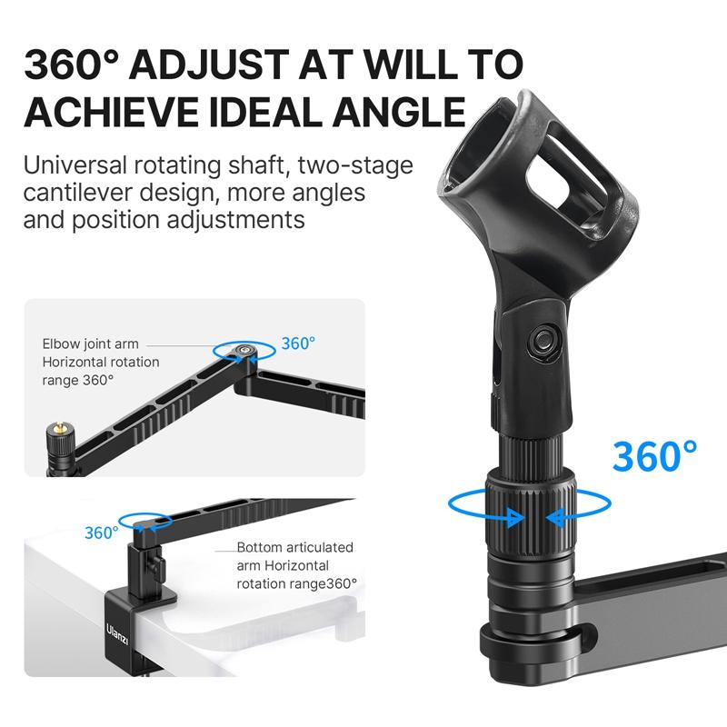 Ulanzi LS26 micrô cấp thấp đứng máy tính để bàn mic boom clip điều chỉnh có thể điều chỉnh clip hỗ trợ điều chỉnh đa góc và kéo dài