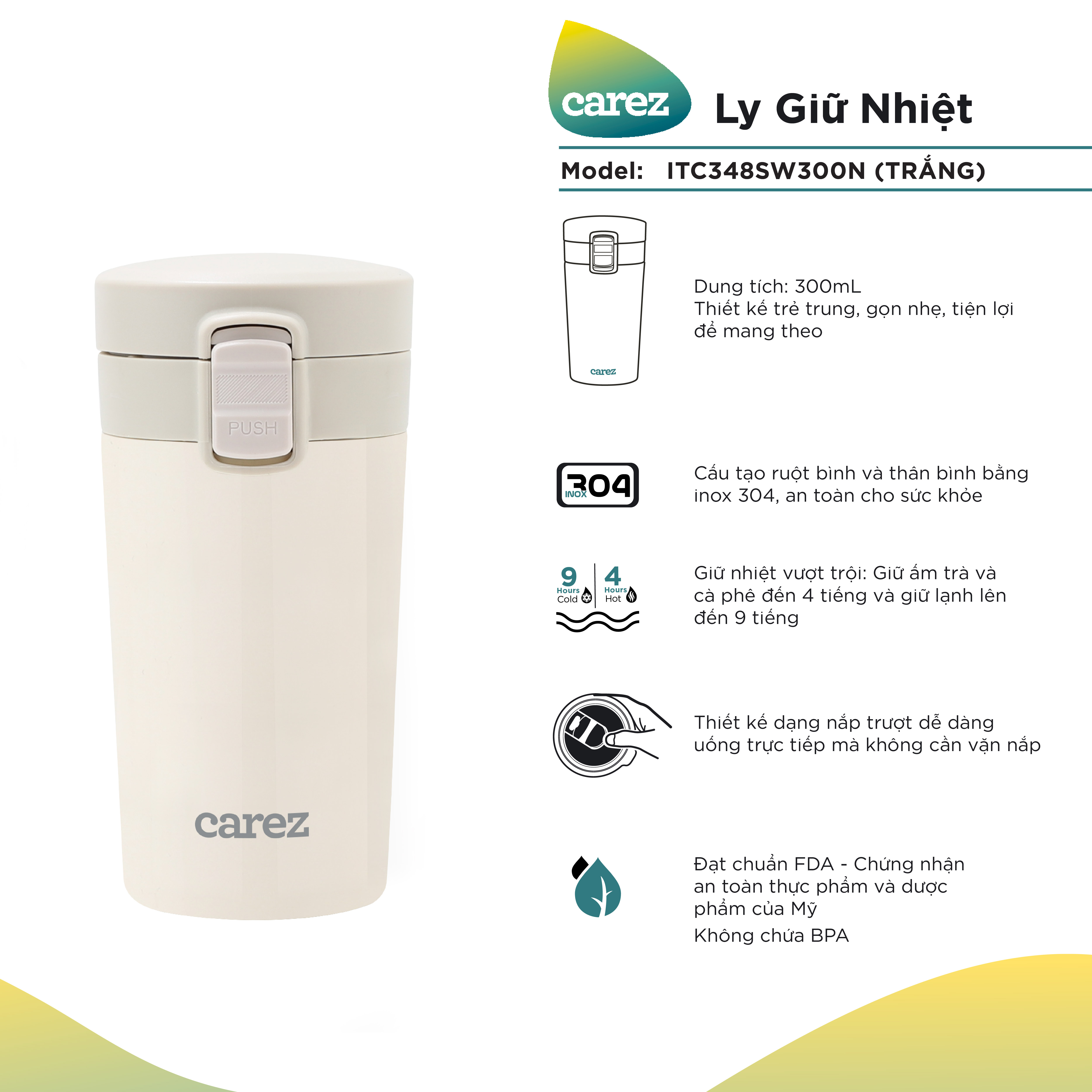 Ly Giữ Nhiệt Carez ITC348SW300N -TRẮNG- 300ml, Inox 304, Không chứa BPA - Giữ nóng đến 8 tiếng, giữ lạnh đến 12 tiếng - Hàng chính hãng