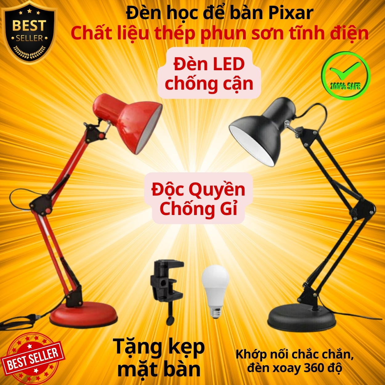 Hình ảnh Đèn học PIXAR Bóng LED Chống Cận Bảo Vệ Mắt Có Tặng Kẹp Bàn Chắc Chắn ĐK 12cm Chất Liệu Thép Phun Sơn Tĩnh Điện D Danido